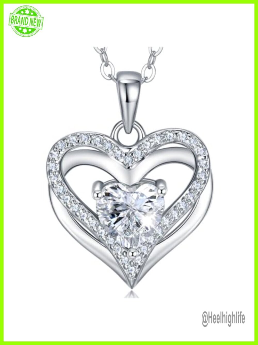 Moissanite Double Heart Pendant Necklace 925 Sterling Silver 18K White Gold